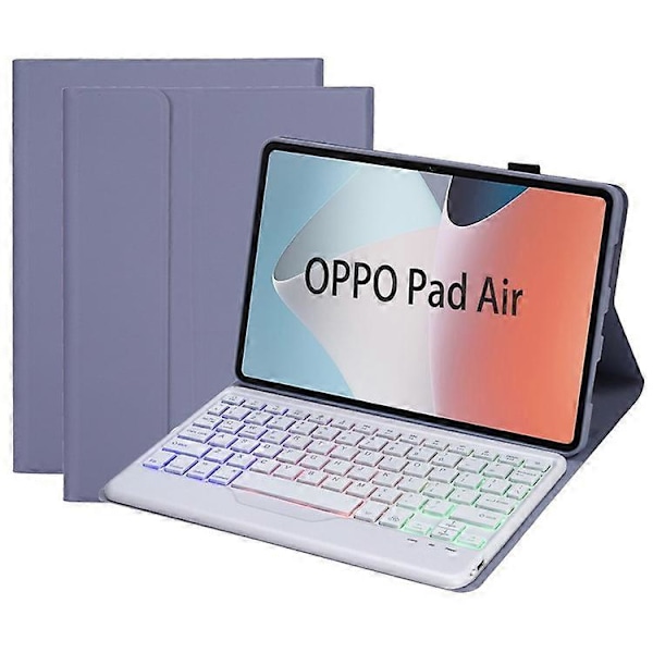 OP12-BS Kompatibel til Oppo Pad Air 10.4-tommer PU Læder+TPU Beskyttelsesetui med 3-Farvet Baggrundsbelyst Bluetooth Tastatur Purple