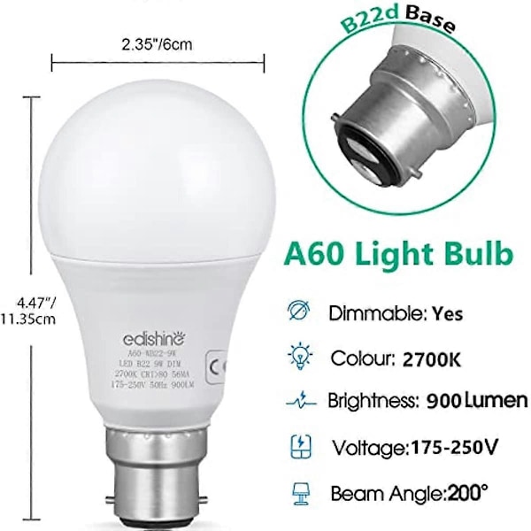6-pack Dimbar Bajonettlampa 9W 900LM LED-lampa Varmvit 2700K 60W Ekvivalent B22 Sockel Energibesparande Lampor Bajonett