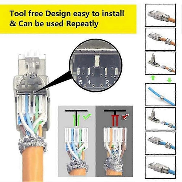 20 stk. RJ45 Cat7-kontakter Verktøyfrie gjenbrukbare Ethernet-termineringsplugger, Internettplugg, Rask felt I