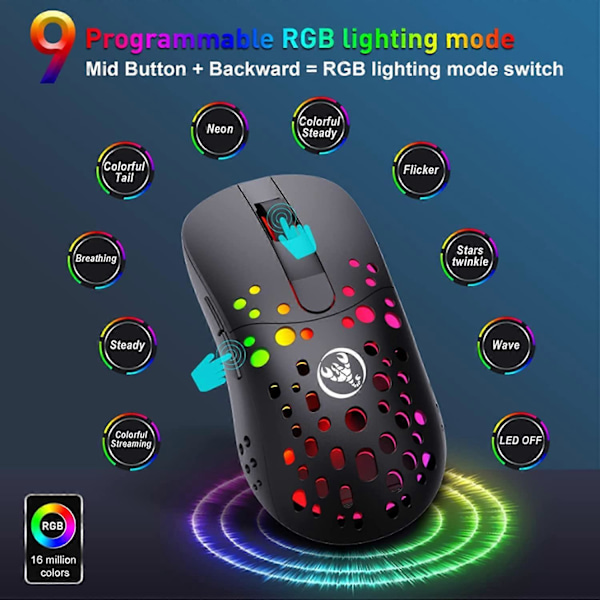 Gamingmus, 2.4G Trådlös och USB Kabelansluten Dual Mode Uppladdningsbar Mus med 6 Programmerbara Knappar Anpassningsbar Bakgrundsbelysning 10000 DPI 1000 Hz (Svart)