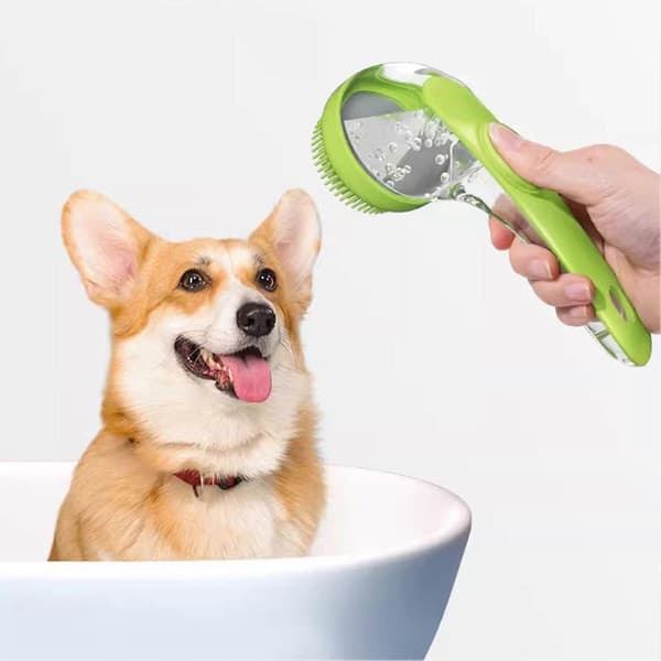 Hundebadebørste, langskaftet kæledyrsshampoobørste, kæledyrsmassagebørste, med shampoodispenser