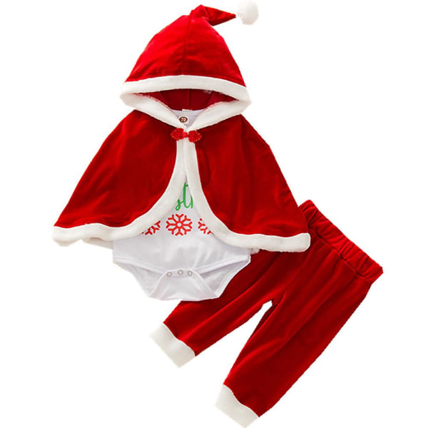 Jul Nyfödd Baby Toddler Tomtekläder Huvkappa + Långärmad Romper + Byxa Set Fest Xmas Kläder Kostympresent 6-12 Months
