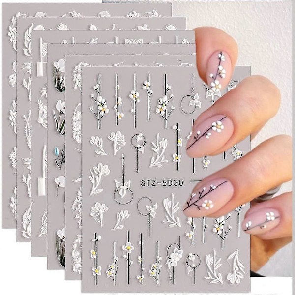 5D Präglade Blommor Nagelstickers för Akrylnaglar, 6 Ark Graverade Blomma Nageldekaler Vår Sommar Nagelkonst Tillbehör Franska Toppar Nageldesign