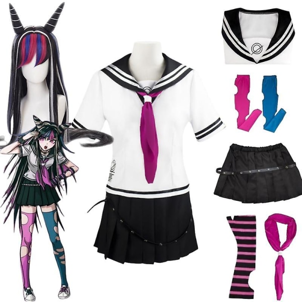 Anime Danganronpa Mioda Ibuki Cosplay Kostym Färgglad Devil Horn Peruk Med Jk Sailor Suit Outfits Halloween Carnival Kläder Costume M