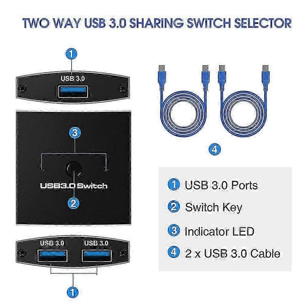 USB 3.0 Switch Selector KVM Switch 5Gbps 2 ind 1 ud USB 3.0 Tovejsdeler til Printer Tastatur Mus
