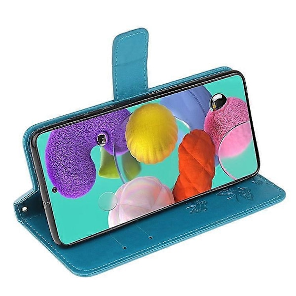 Præget Sommerfugl Blomst Skin PU Læder Flip Mobilcover Kompatibelt til Samsung Galaxy A51 Blue