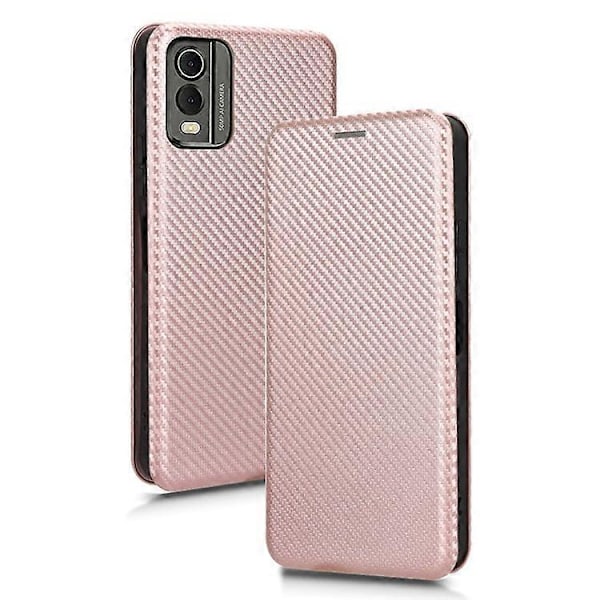 Kompatibelt för Nokia C32 PU Läder Kolfibertextur Fodral Kortfack Ställ Mobilskal PinkGold