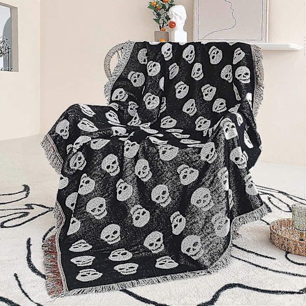 Boho Plaider Vendbar Bomuld Boheme Tapestry Hippie Værelsesindretning Dobbeltsidet (Boho Skull Print Sort 50\"x60\")