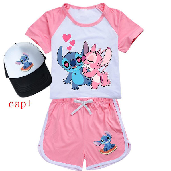 Lilo Ja Stitch Pyjamasetti Set Lasten Lyhythihainen T-paita Yöpuvut Pyjamat Sarjakuva Lilo Stitch Kids Cos Urheiluasut 9-10T(150) 2076yellow-cap