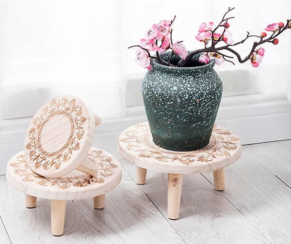 Mini Träpall Rund Dekorativ Blomkrukshållare Inomhus Utomhus Rustik Trädgårdsinredning (Medium)