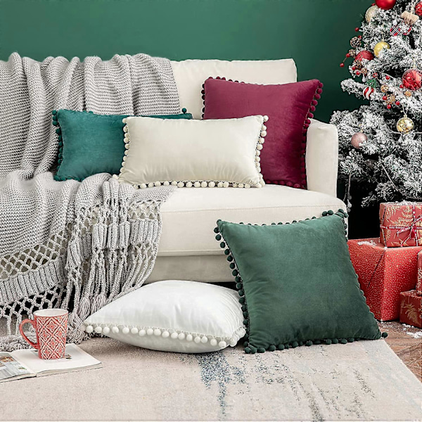 Pakke med 2 Velvet Pynteputetrekk Pompom Juledekorative Putetrekk Solid Myke Putetrekk med Dusker Firkantet for Sofa Soveværelse Bil 18x