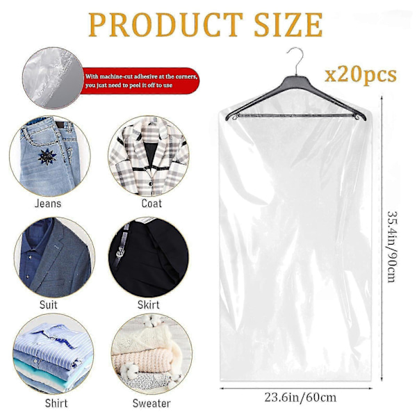 20-pack Klädsäckar Transparenta Klädskydd Plastklädskydd 60 X 90 Cm Hängande Kläder Dammsäkra Klädsäckar För Kostymer Klänningar Jacka