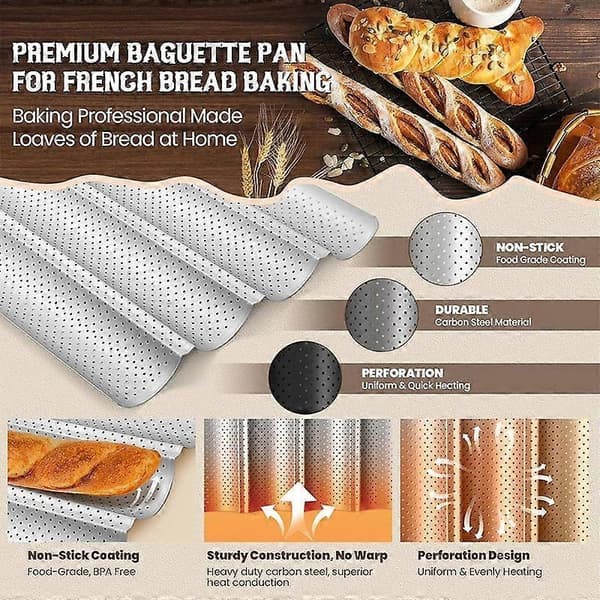 Baguettebrødform, Premium Non-stick Perforeret Franskbrødsform, Baguettebakke til Surdej, Italiensk Brød, Sub Roll, Perfekt til Cr M