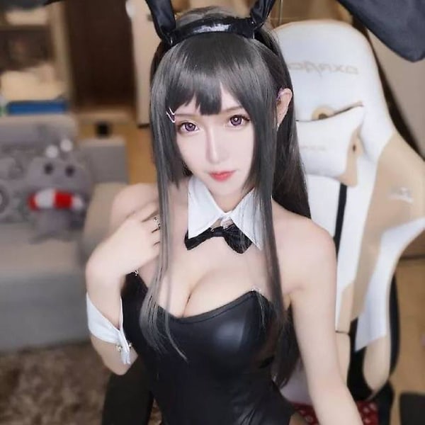 Rascal drömmer inte om kaninflicka Senpai Sakurajima Mai Cosplaydräkt för kvinnors svart bodysuit för halloweenfest Wig One size