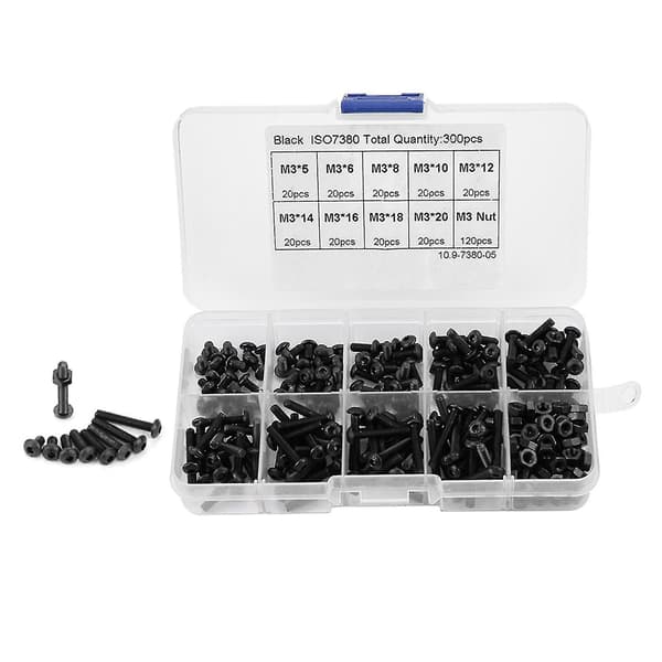 300-dels M3 Svart 10.9 Klass Knapphuvud Hex Socket Skruv Bult Mutter Sortimentssats