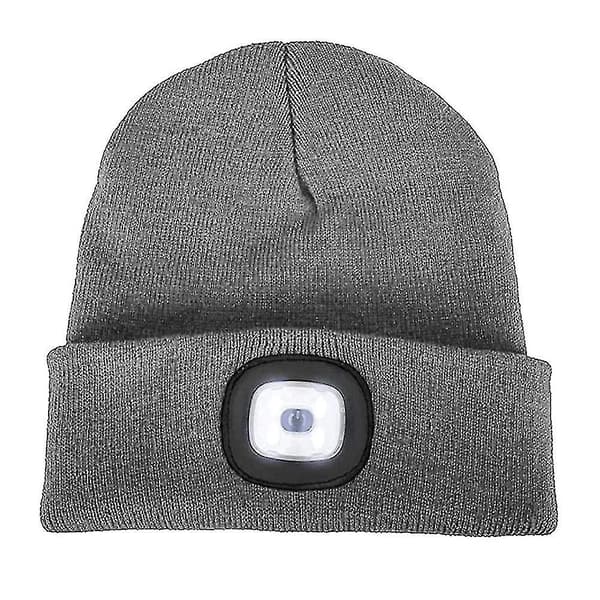 Unisex LED Lue med Lys, Vinterstrikket Lysende Hodelykt Luer Hodelykt Caps Gave til Menn og Kvinner, grå