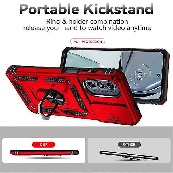 Kompatibelt Skal för Motorola Moto G62 5G med Metallring, Ställ, PC + TPU Skyddande Baksida, Fallsäkert Fodral med Skjutbart Kameralock Red