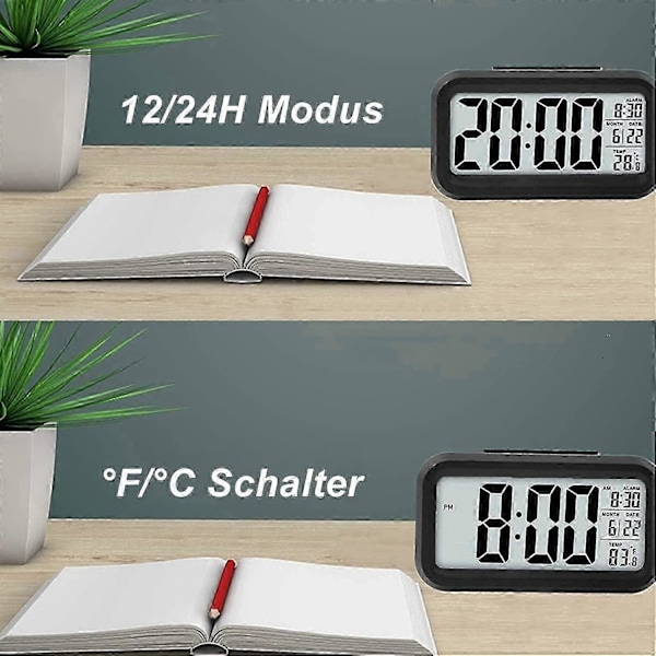 Digital Väckarklocka, Sovrumsklocka, Batteridriven Bordsklocka, Digital Klocka med Smart Nattlampa, 12/24 Timmar Visning Snooze Funktion
