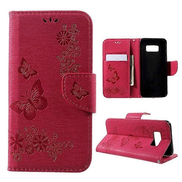 Präglat Fjärilsblommor Ställ Plånbok Läderfodral Kompatibelt För Samsung Galaxy S8 Pink