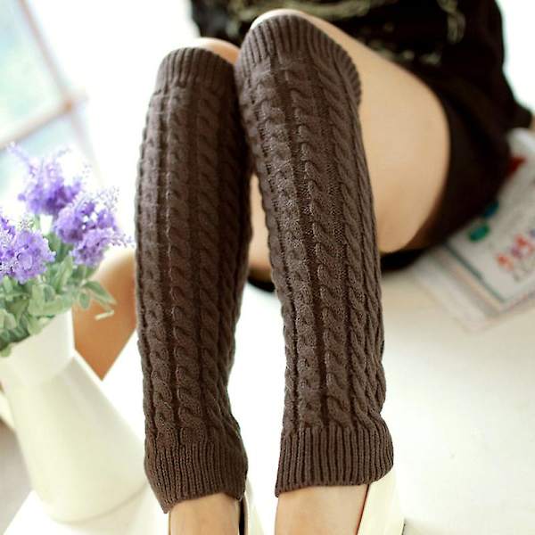 Kvinnor högt knä stickad benärm Vinter benvärmare Strumpor Slouch Boots manschetter Toppers Khaki