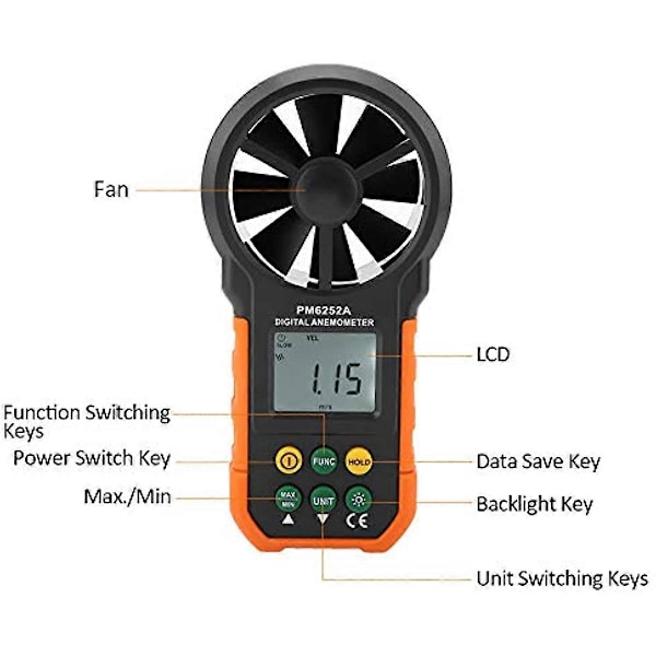 Anemometer PEAKMETER PM6252A Digital Vindhastighedsmåler Luftmængdemåling