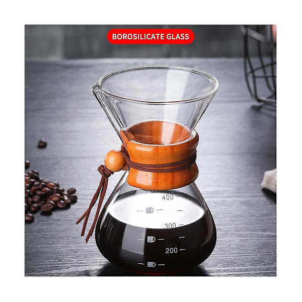400 ml Klassisk Kaffekande i Glas med Træhåndtag Varmebestandig Hæld-Over Kaffemaskine Manuel Kaffemaskine