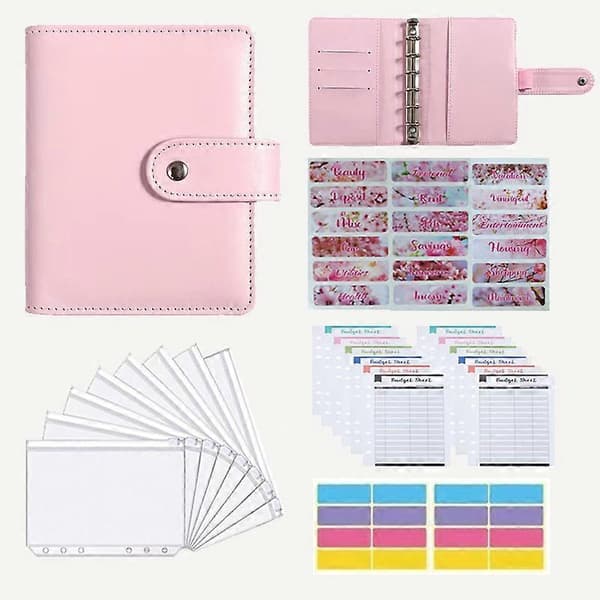 A7 pink PU læder notesbog binder, 12 budgetark, kontant kuvertsystem, opsparingsstyring