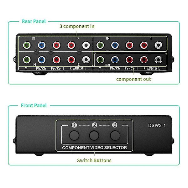 3-suuntainen Rgb-komponentti Av-kytkin Video Audio Valitsin 3 sisään 1 ulos Ypbpr-komponentti Rgb-kytkinrasia F