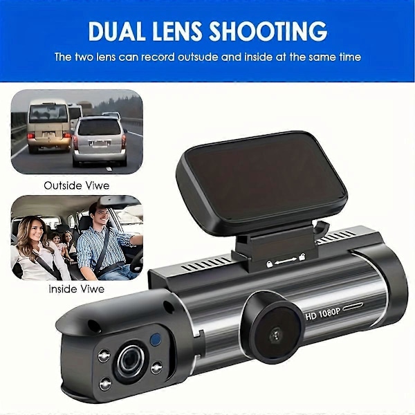 1080P dualt kamera, Dash Cam for biler, foran og innvendig, bilkamera med IR nattsyn, loop-opptak