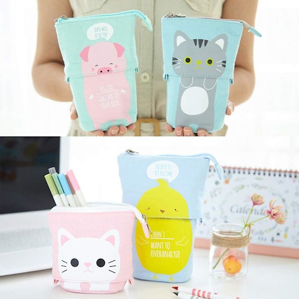 Sød Tegneserie Stående Blyantholder, Lærreds Pen Blyant Etui Organizer Transformer Stående Opbevarings Blyant Etui Boks, Teleskopisk Stationery Pose Taske med Lynlås