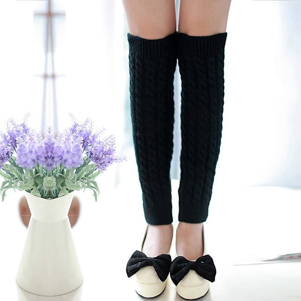Kvinnor högt knä stickad benärm Vinter benvärmare Strumpor Slouch Boots manschetter Toppers Black