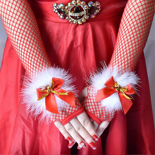 1 Par Jul Mesh Handskar Dam Hög Elasticitet Fingerlösa Röda Fisknätshandskar Cosplay Scenframträdande Festtillbehör