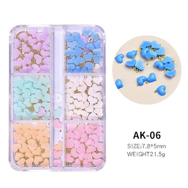 3D-kynnet akryylikynsille, 6 lokeroa, 3D-kukkakynnet, strassikukka, sydänrusetit, kahdeksankulmaiset kynsitarvikkeet, manikyyri, tee-se-itse-kynsikoristeet