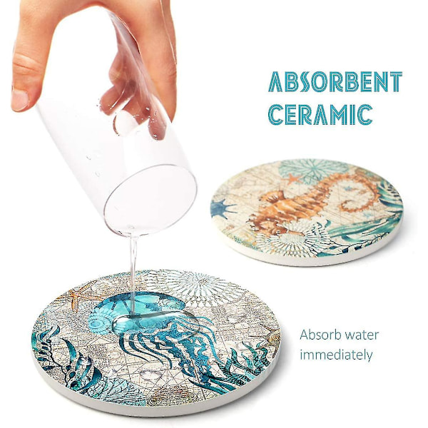 Absorberande Sten Havs- och Oceanliv Glasunderlägg för Drycker, Korkbas med Hållare, Kustnära Dekor Strandtema Tropiskt, Set om 8
