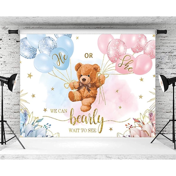 7x5ft Kjønnsavsløring Bakgrunn Baby Bjørn Gutt eller Jente Fotografering Bakgrunn Baby Shower Party Blå og Rosa Banner Dekorasjoner Rekvisitter Fotoboks