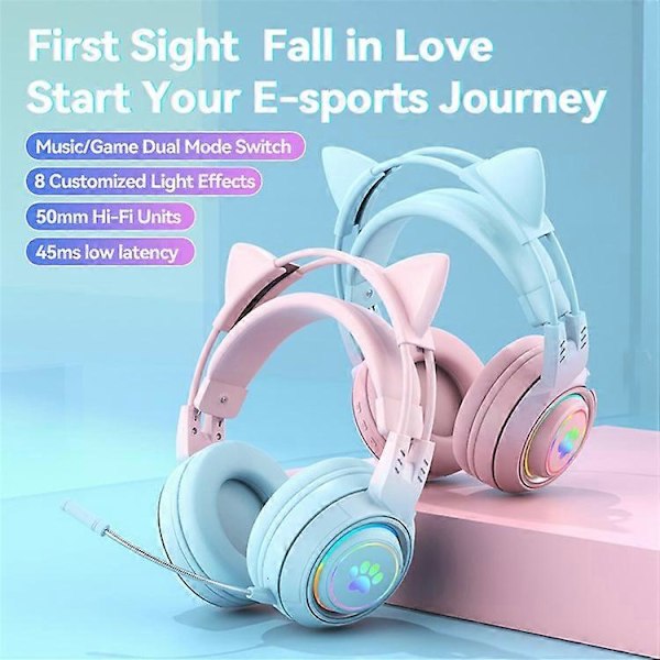 T25 Søte Katteører Hodetelefoner RGB-belysning Bluetooth Trådløst Headset med Avtakbar Mikrofon Purple