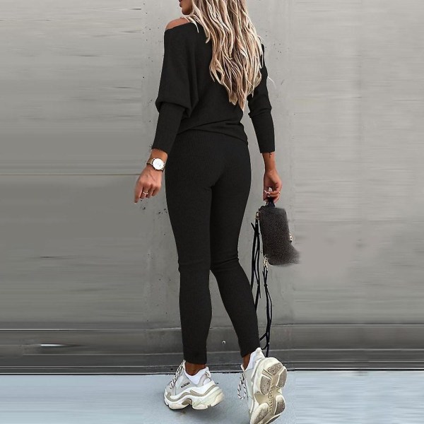 Kvinnor Vanlig Casual träningsoverall långärmad T-shirt Leggings Skinny Pants Outfit Set Black L