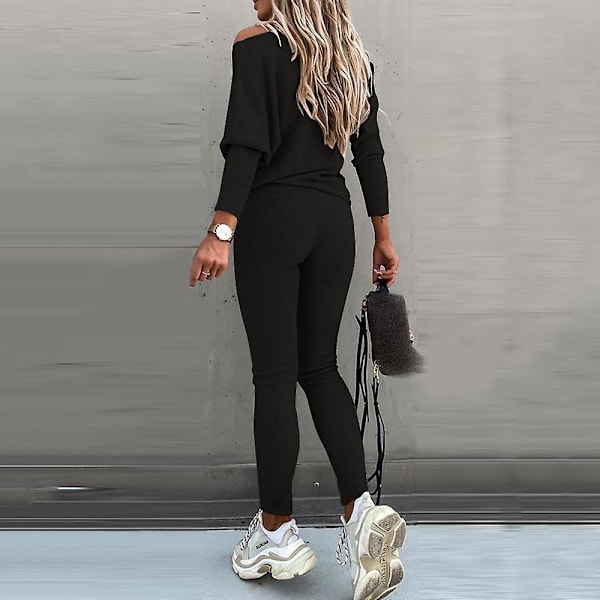 Naisten tavallinen casual verryttelypuku pitkähihainen t-paita Leggingsit Skinny Pants set Black XL