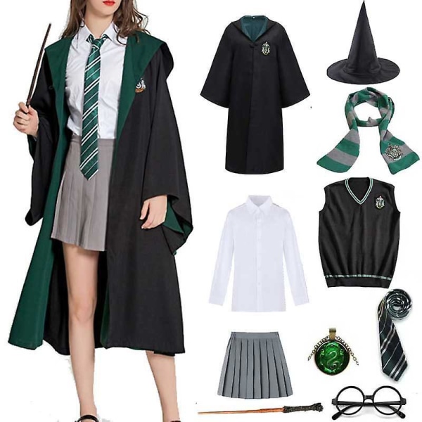 Unisex barn Vuxen Slytherin Cosplay Potters Robe Wizard Häxa Kappa Fest Cosplay Flickor Pojkar Kvinnor Män Män Halloween Kostym Set 13 Kids 155