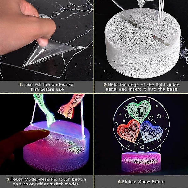 Natlampe til piger, 3D optisk illusionslampe, sengelampe med farveskift, berørings bordlampe dekoration til mors dags gave børn kvinder piger (