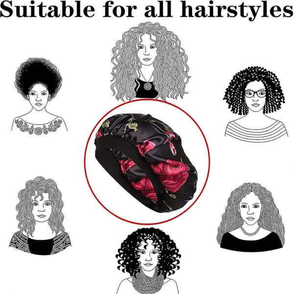 Satin Nattehue, Silkehætte, Satin Nattehårhætte, Blød Nattehue til Kvinder med Elastikbånd til Hårpleje, Søvn, Makeup (Sort Blomst)