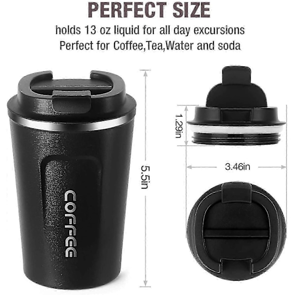 Isolerad Kaffemugg, Dubbelväggig Resemugg Vakuumisolering Rostfritt Stål med Återanvändbar Mugg, Te och Öl 384ml, Svart