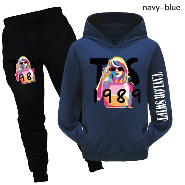 Drenge og piger taylor swift børnetøjstaske sweatshirt + bukser jakkesæt fan sæt navy blue 110cm