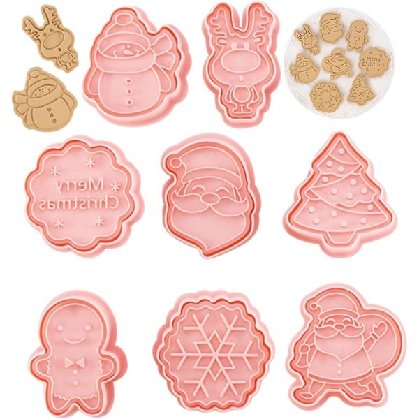 Julkakformar 8 st/set, 3D Pressbara Julkakformar och Stämplar, Jultomte Julgran Snögubbe Pepparkaksgubbe Formar