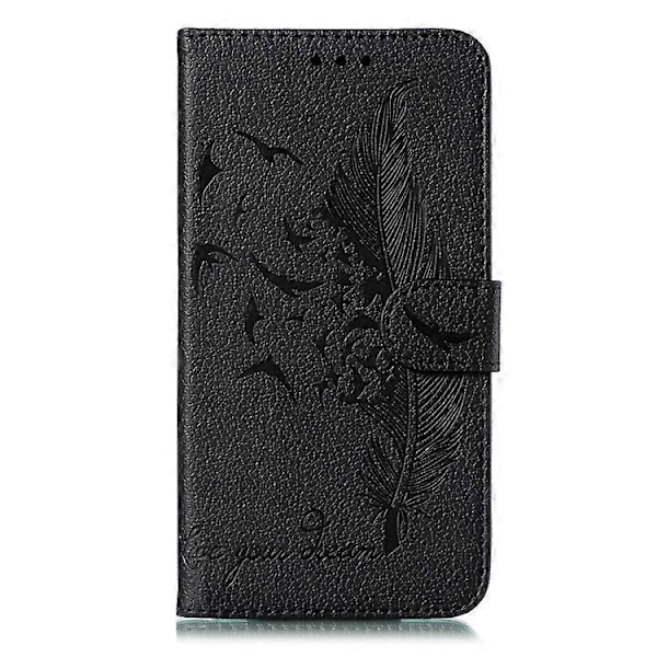 Litchi Tekstur Præget Fjer Læder Telefon Cover med Wallet Stand Kompatibel til Samsung Galaxy A20e Black