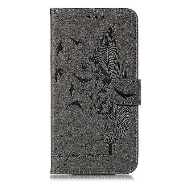 Litchi Tekstur Præget Fjer Læder Telefon Cover med Wallet Stand Kompatibel til Samsung Galaxy A20e Grey