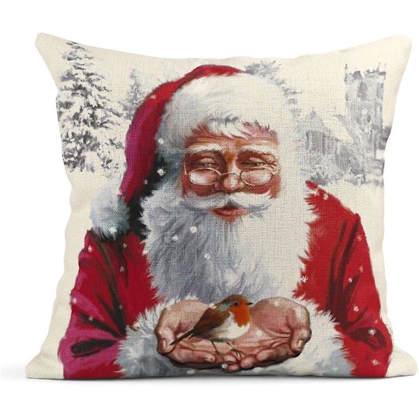 Sæt med 4 linned pyntepudebetræk Wakeu Julemand Snemand Glædelig Jul Dekorativt pudebetræk Boligindretning Firkantede 45x45 cm Pudebetræk