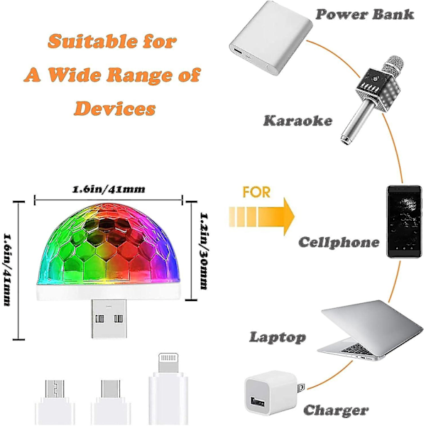 USB Diskokugle Lys Bærbar Mini Lydaktiveret LED Feststemningslys Til Smartphones, 4W (4 stk.) Y