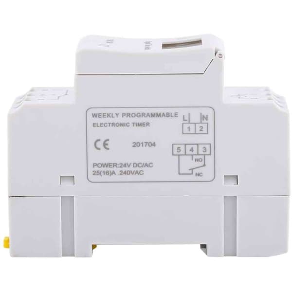Veckoprogrammerbar elektronisk timer 16 PÅ/AV – LCD-display – AC/DC 24V strömförsörjning – DIN-skenemontering