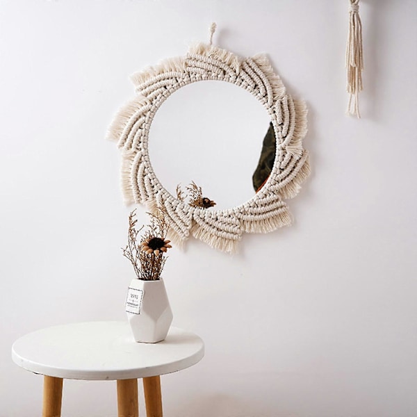 Nordisk Boho Makrame Veggspeil med Frynser Dusk Håndvevd Bomullsrep Gobelin Rundt Dekorativt Speil for Leilighet Stue Soverom